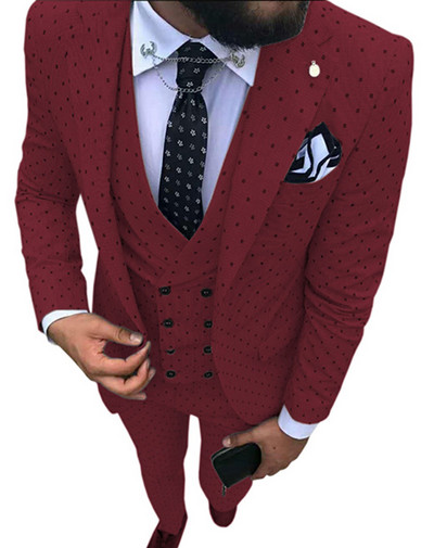 Kék férfi öltöny, 3 részes, alkalmi, foltos, bevágásos hajtóka, duplasoros mellény szmoking Vőfély bulira (blézer+mellény+nadrág)