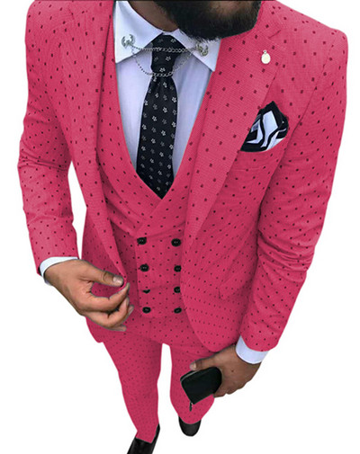 Kék férfi öltöny, 3 részes, alkalmi, foltos, bevágásos hajtóka, duplasoros mellény szmoking Vőfély bulira (blézer+mellény+nadrág)