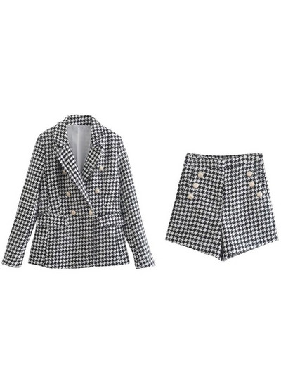 Kumsvag 2022 őszi női rövidnadrág öltöny 2 részes készlet Alkalmi kockás blézerek Kabátok és rövidnadrágok Női Elegáns OL Öltöny Ruházat