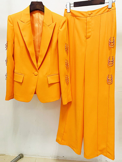 DEAT Fashion női 2 db-os szett egygombos fémgyűrűs dekorblézer magas derekú, egyenes nadrágkosztüm 2023. ősz Új 17A4463