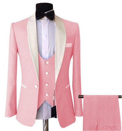 Férfi 3 részes öltönyök, karcsú, üzleti vőlegény, rózsaszín, lila kabát, szmoking, fehér blézer esküvői bál estére (blézer+mellény+nadrág)