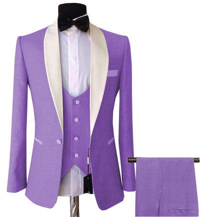 Férfi 3 részes öltönyök, karcsú, üzleti vőlegény, rózsaszín, lila kabát, szmoking, fehér blézer esküvői bál estére (blézer+mellény+nadrág)