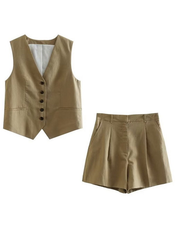 Kumsvag 2022 nyári női lenvászon 2 részes szett öltönyök alkalmi tömör mellények kabátok és rövidnadrágok női elegáns utcai öltöny ruházat