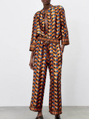 Kumsvag 2022 Summer Női 2 részes készletek Öltözék Divat Print Bő ingek Felsők és Nadrágok Női Elegáns Szatén öltöny Ruházat