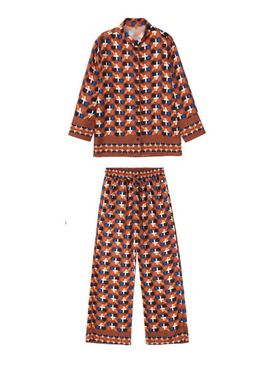 Kumsvag 2022 Summer Női 2 részes készletek Öltözék Divat Print Bő ingek Felsők és Nadrágok Női Elegáns Szatén öltöny Ruházat