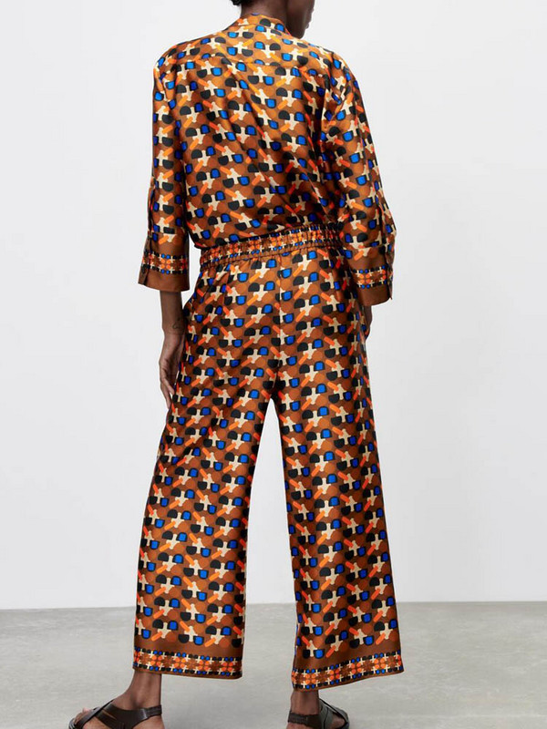 Kumsvag 2022 Summer Női 2 részes készletek Öltözék Divat Print Bő ingek Felsők és Nadrágok Női Elegáns Szatén öltöny Ruházat