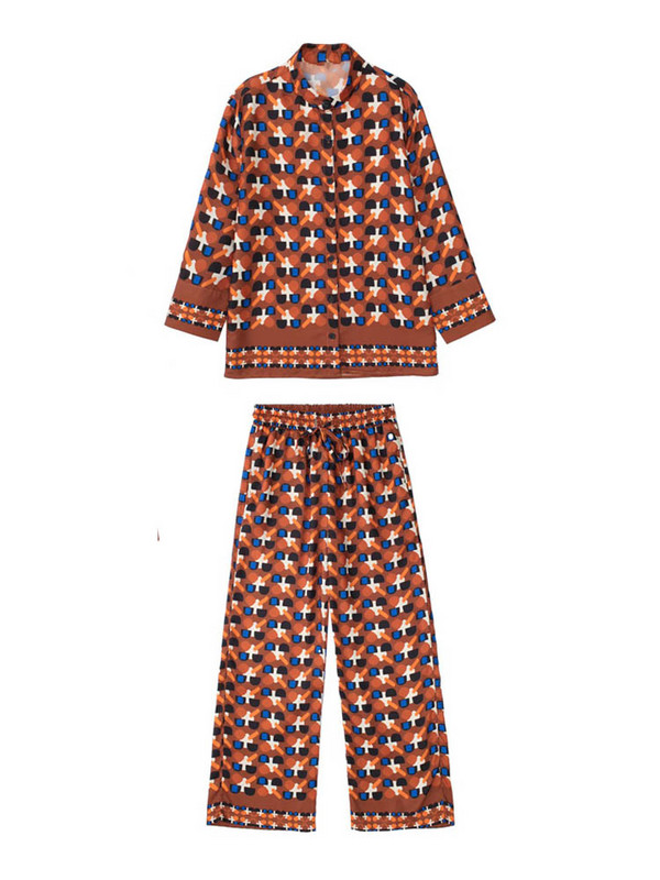 Kumsvag 2022 Summer Női 2 részes készletek Öltözék Divat Print Bő ingek Felsők és Nadrágok Női Elegáns Szatén öltöny Ruházat