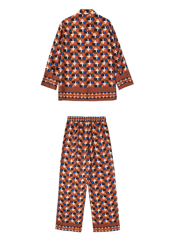 Kumsvag 2022 Summer Női 2 részes készletek Öltözék Divat Print Bő ingek Felsők és Nadrágok Női Elegáns Szatén öltöny Ruházat