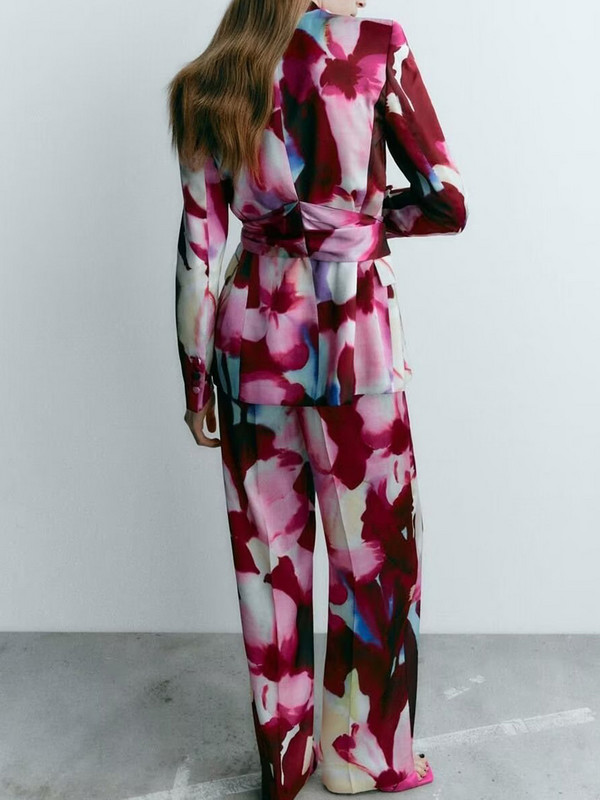 Kumsvag 2022 nyári női nadrágkosztüm 2 részes szett Divatnyomtatás Szatén blézerek Kabátok és nadrágok Női Elegáns Öltöny Ruházat