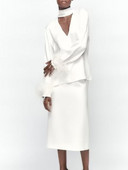 Kumsvag női szatén szoknya öltönyök 2 darabos szettek 2022 nyári női tömör tollas blúzok felsők és szoknya Női utcai öltönyök ruhák