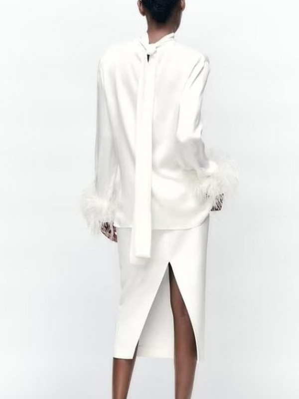 Kumsvag női szatén szoknya öltönyök 2 darabos szettek 2022 nyári női tömör tollas blúzok felsők és szoknya Női utcai öltönyök ruhák