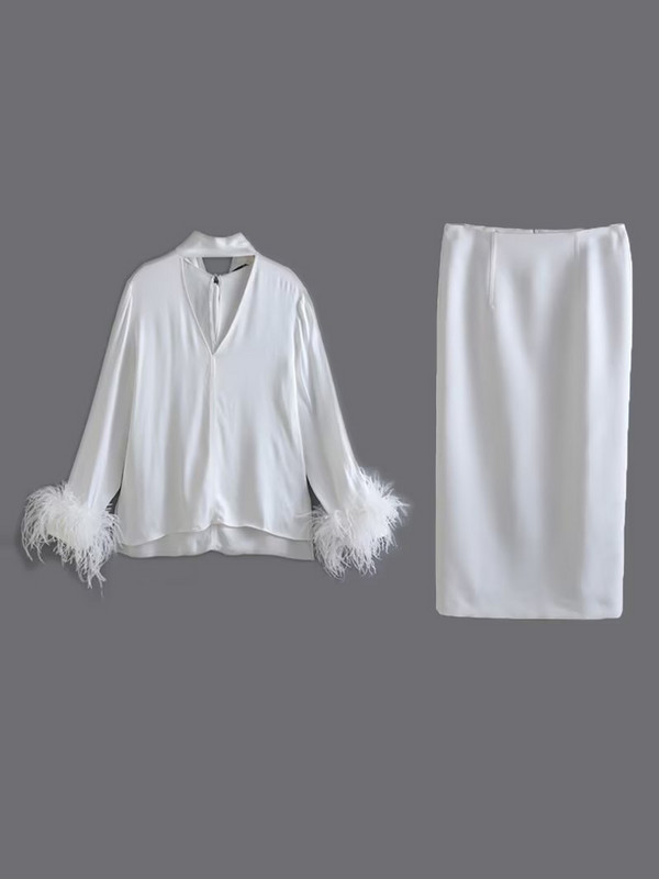 Kumsvag női szatén szoknya öltönyök 2 darabos szettek 2022 nyári női tömör tollas blúzok felsők és szoknya Női utcai öltönyök ruhák