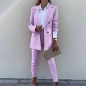 2 db női blézer nadrág szett egyszínű lehajtható gallér formális bő, meleg magas derekú zsebek irodai női kabát nadrágkosztüm