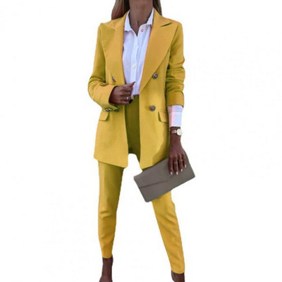 2 db női blézer nadrág szett egyszínű lehajtható gallér formális bő, meleg magas derekú zsebek irodai női kabát nadrágkosztüm