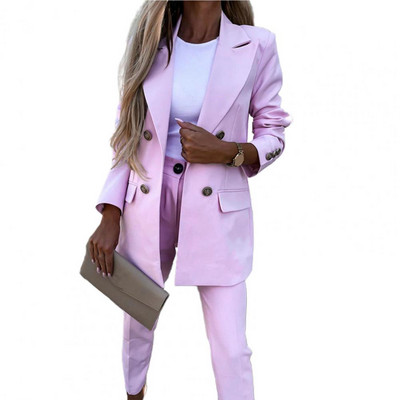 2 db női blézer nadrág szett egyszínű lehajtható gallér formális bő, meleg magas derekú zsebek irodai női kabát nadrágkosztüm
