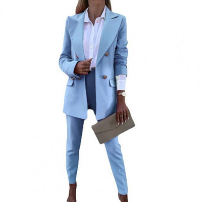 2 db női blézer nadrág szett egyszínű lehajtható gallér formális bő, meleg magas derekú zsebek irodai női kabát nadrágkosztüm
