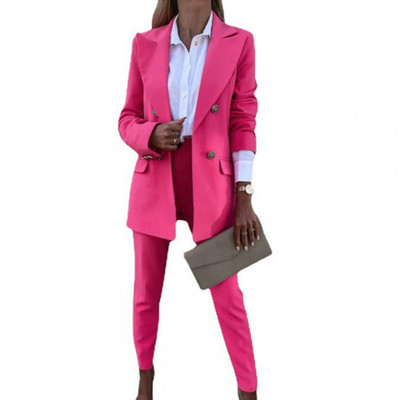 2 db női blézer nadrág szett egyszínű lehajtható gallér formális bő, meleg magas derekú zsebek irodai női kabát nadrágkosztüm