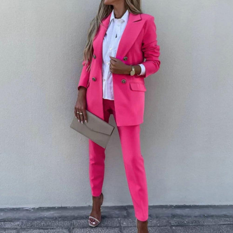 2 db női blézer nadrág szett egyszínű lehajtható gallér formális bő, meleg magas derekú zsebek irodai női kabát nadrágkosztüm