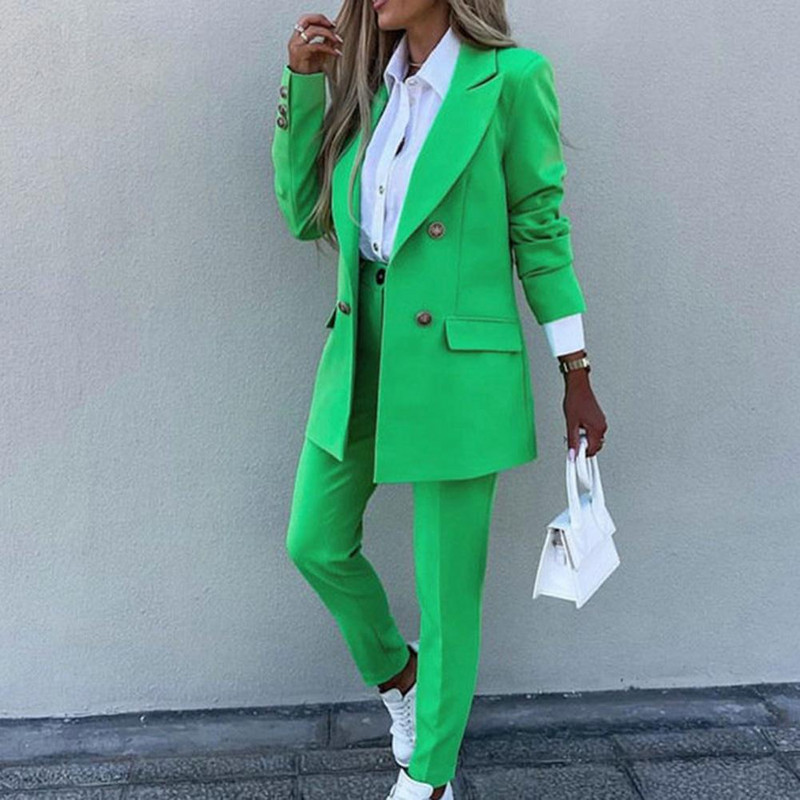 2 db női blézer nadrág szett egyszínű lehajtható gallér formális bő, meleg magas derekú zsebek irodai női kabát nadrágkosztüm