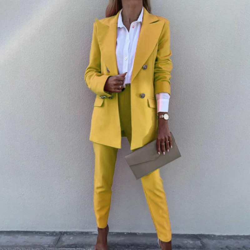 2 db női blézer nadrág szett egyszínű lehajtható gallér formális bő, meleg magas derekú zsebek irodai női kabát nadrágkosztüm