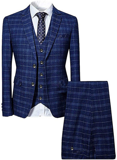Férfi Vintage 3 részes férfi öltönyök, kockás, egysoros, vékony szabású szmokingok esküvői vőlegényeknek (kabát+mellény+nadrág)