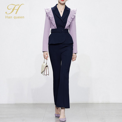 H Han Queen új foglalkozású 2 részes női öltönyök elegáns, kontrasztos csípős derékblézer és egyszerű nadrág őszi koreai alkalmi munkakészlet