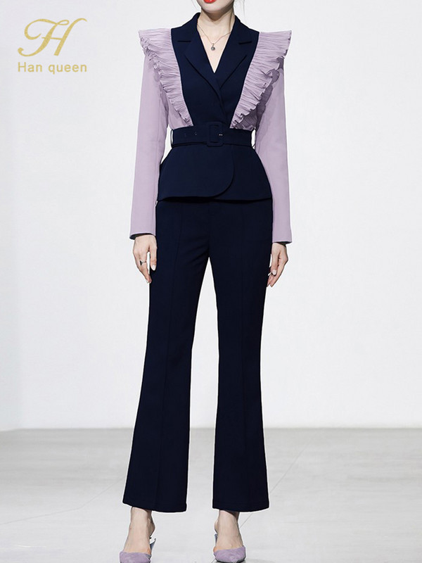 H Han Queen új foglalkozású 2 részes női öltönyök elegáns, kontrasztos csípős derékblézer és egyszerű nadrág őszi koreai alkalmi munkakészlet