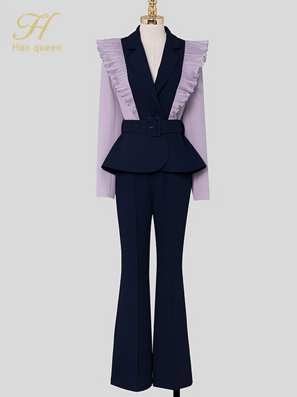 H Han Queen új foglalkozású 2 részes női öltönyök elegáns, kontrasztos csípős derékblézer és egyszerű nadrág őszi koreai alkalmi munkakészlet
