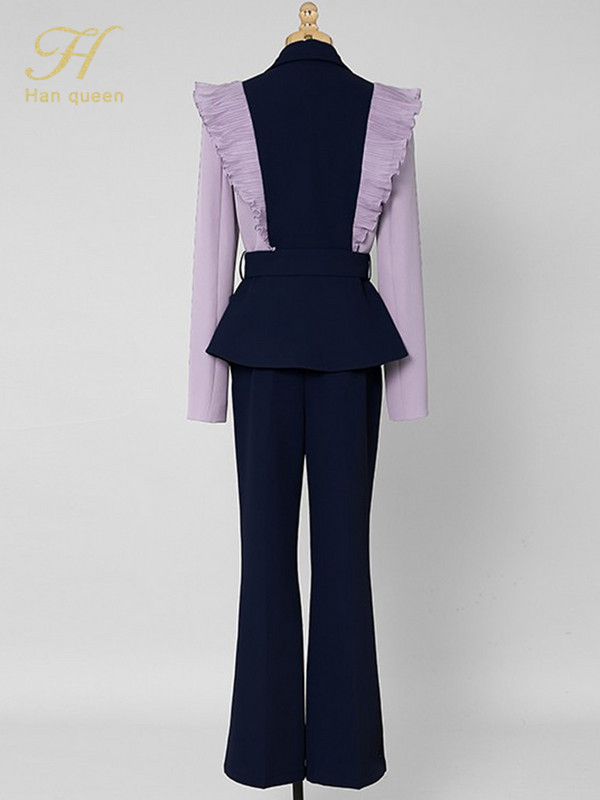 H Han Queen új foglalkozású 2 részes női öltönyök elegáns, kontrasztos csípős derékblézer és egyszerű nadrág őszi koreai alkalmi munkakészlet