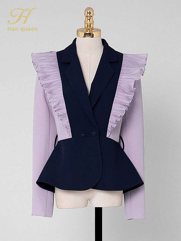H Han Queen új foglalkozású 2 részes női öltönyök elegáns, kontrasztos csípős derékblézer és egyszerű nadrág őszi koreai alkalmi munkakészlet