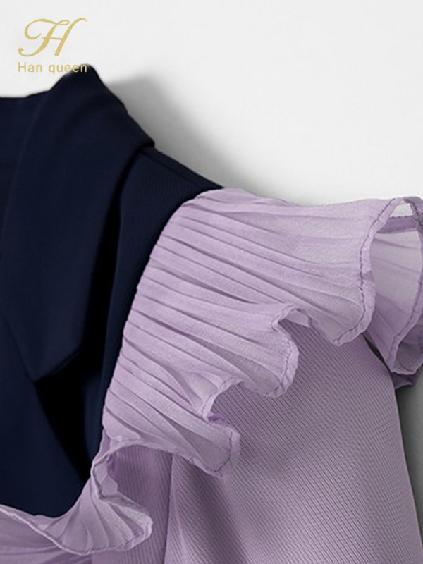 H Han Queen új foglalkozású 2 részes női öltönyök elegáns, kontrasztos csípős derékblézer és egyszerű nadrág őszi koreai alkalmi munkakészlet