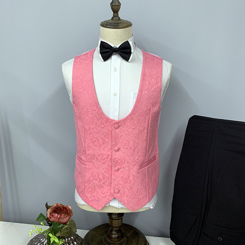 Férfi ünnepi öltöny, háromrészes, nyomtatott, vékonyan illeszkedő kendős, hajtókás öltöny esküvői vőfélynek (blézer+mellény+nadrág)