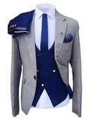 Férfi formális 3 részes férfi öltöny, karcsúsított, hajtókás blézer, kék szmoking esküvői lovászoknak (blézer+mellény+nadrág)