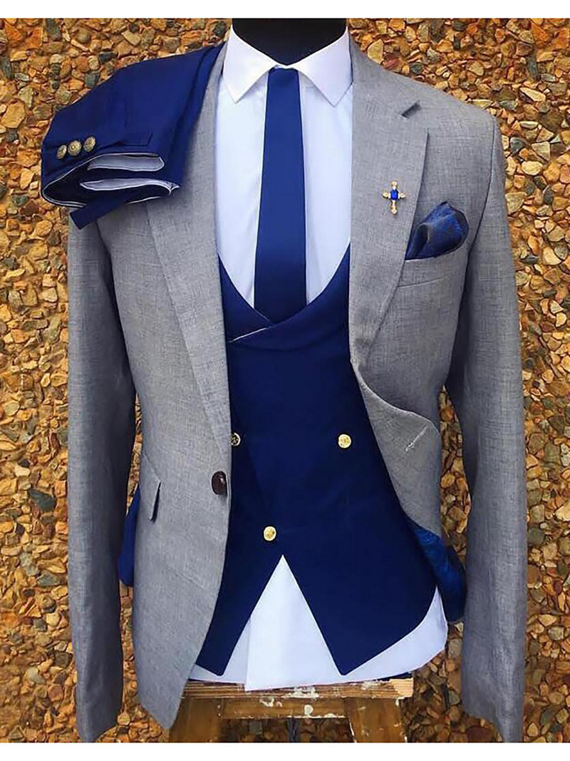Férfi formális 3 részes férfi öltöny, karcsúsított, hajtókás blézer, kék szmoking esküvői lovászoknak (blézer+mellény+nadrág)