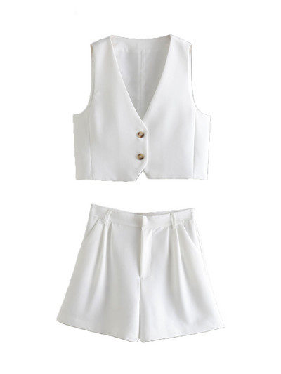 Kumsvag 2022 nyári női alkalmi öltönyök 2 részes készlet tömör V-nyakú vászonmellények Kabátok és rövidnadrágok Női édes utcai öltönyök ruházat