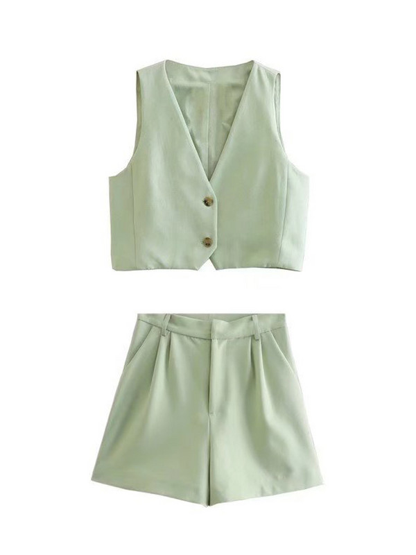 Kumsvag 2022 nyári női alkalmi öltönyök 2 részes készlet tömör V-nyakú vászonmellények Kabátok és rövidnadrágok Női édes utcai öltönyök ruházat