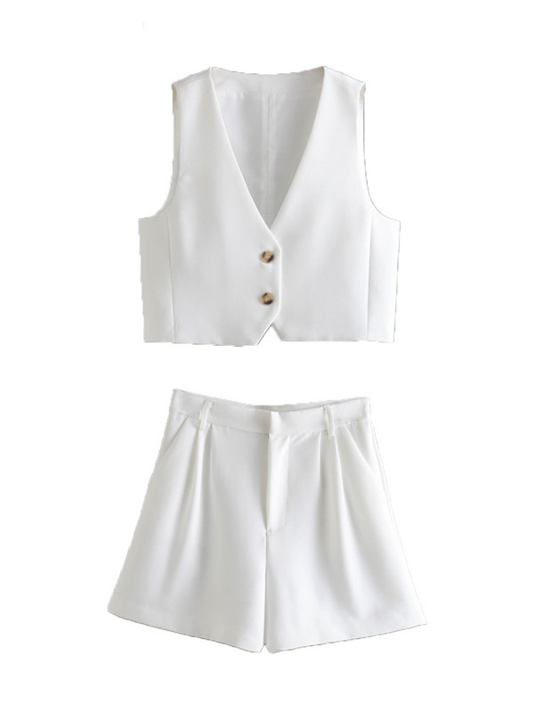 Kumsvag 2022 nyári női alkalmi öltönyök 2 részes készlet tömör V-nyakú vászonmellények Kabátok és rövidnadrágok Női édes utcai öltönyök ruházat