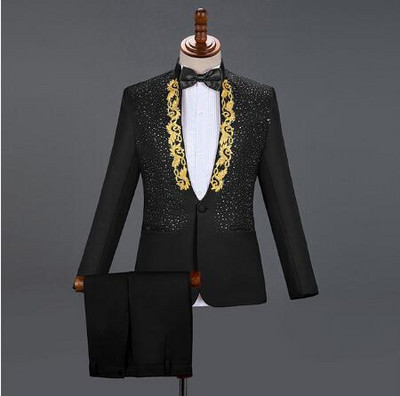 Piros gyémánt virágos férfi öltönyök esküvői férfi öltönyök 3 részes blézer + nadrág + csokornyakkendő divatos szmoking férfi öltöny szett színpadi jelmez