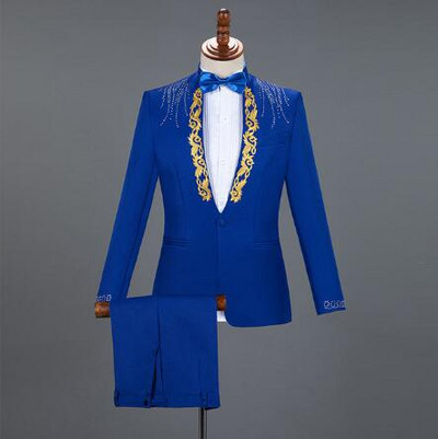 Piros gyémánt virágos férfi öltönyök esküvői férfi öltönyök 3 részes blézer + nadrág + csokornyakkendő divatos szmoking férfi öltöny szett színpadi jelmez