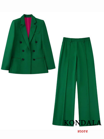 KONDALA Office Lady Green Blazer Κοστούμια Γυναικεία Σετ με διπλό στήθος Loose Blazer + ψηλή μέση με φαρδύ παντελόνι μόδας 2022