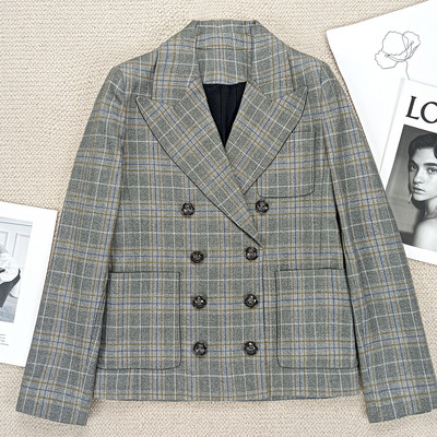 Női, duplasoros, hosszú ujjú, egyenes blézer vagy cipzáras, hosszú nadrág, irodai női kockás szett, 2022. őszi