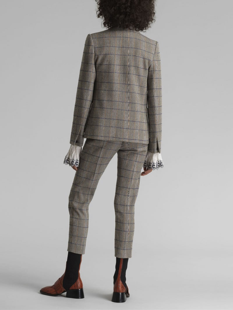 Női, duplasoros, hosszú ujjú, egyenes blézer vagy cipzáras, hosszú nadrág, irodai női kockás szett, 2022. őszi