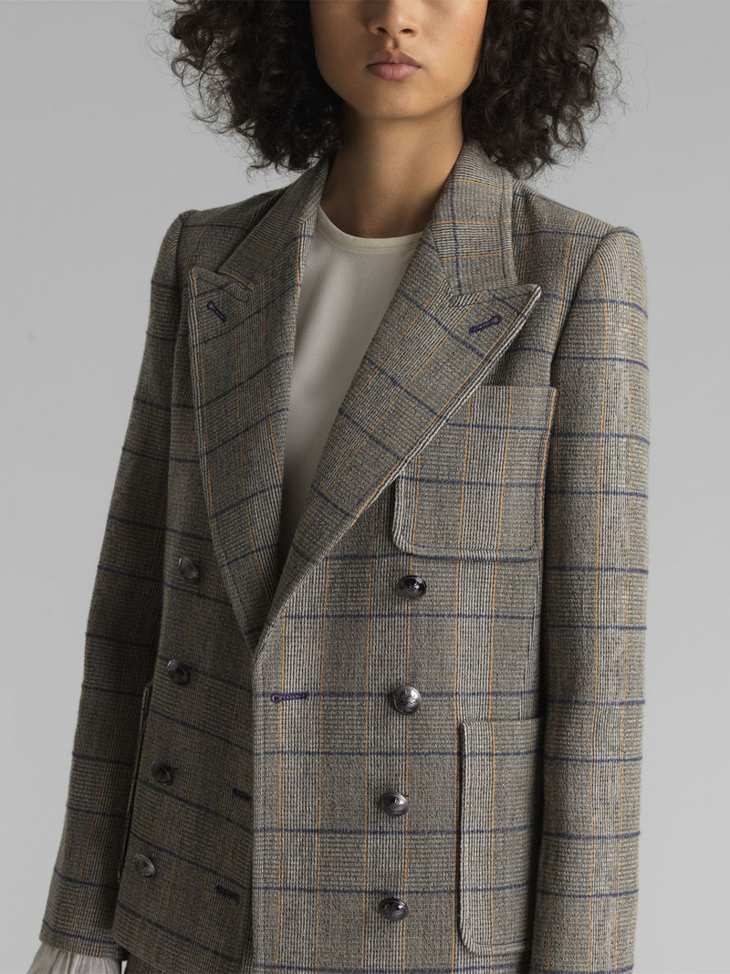 Női, duplasoros, hosszú ujjú, egyenes blézer vagy cipzáras, hosszú nadrág, irodai női kockás szett, 2022. őszi