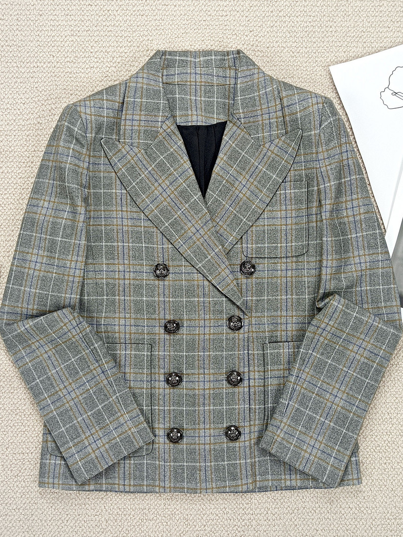 Női, duplasoros, hosszú ujjú, egyenes blézer vagy cipzáras, hosszú nadrág, irodai női kockás szett, 2022. őszi