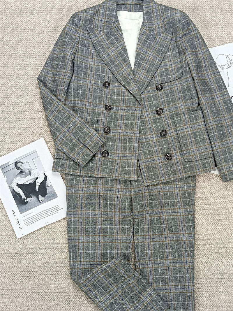 Női, duplasoros, hosszú ujjú, egyenes blézer vagy cipzáras, hosszú nadrág, irodai női kockás szett, 2022. őszi