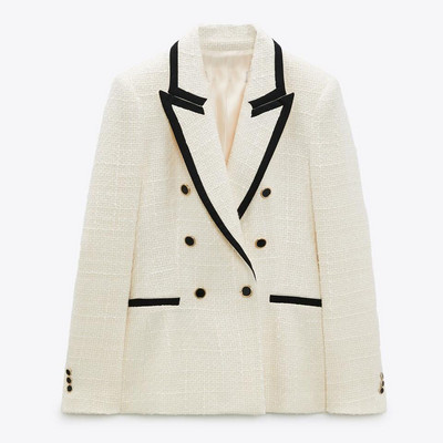 PB&ZA tavaszi őszi női duplasoros Tweed blézer szabadidő Sjoulder párnákkal Elegáns irodai női hosszú ujjú, rácsos felső