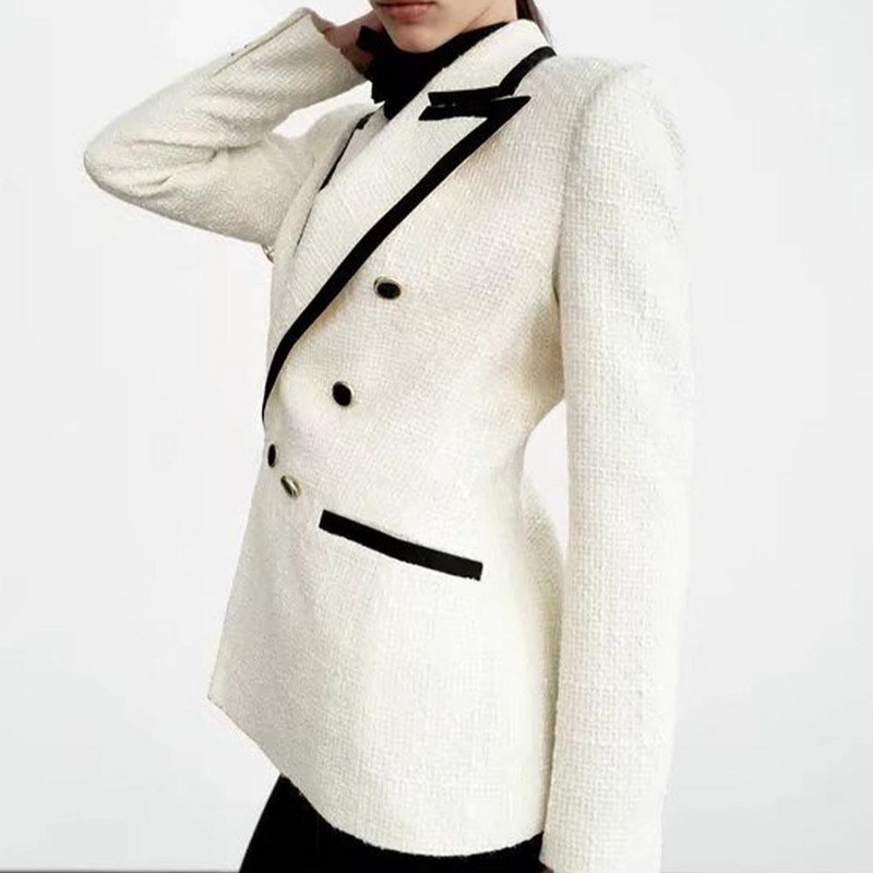 PB&ZA tavaszi őszi női duplasoros Tweed blézer szabadidő Sjoulder párnákkal Elegáns irodai női hosszú ujjú, rácsos felső