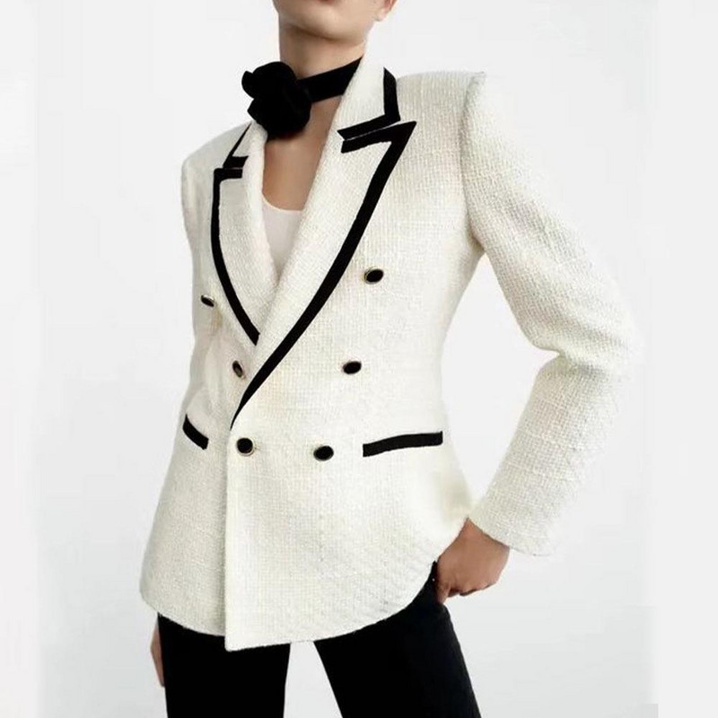 PB&ZA tavaszi őszi női duplasoros Tweed blézer szabadidő Sjoulder párnákkal Elegáns irodai női hosszú ujjú, rácsos felső