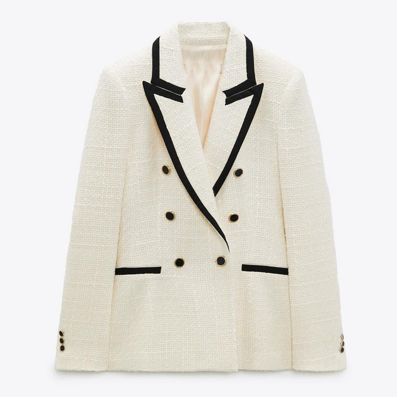 PB&ZA tavaszi őszi női duplasoros Tweed blézer szabadidő Sjoulder párnákkal Elegáns irodai női hosszú ujjú, rácsos felső