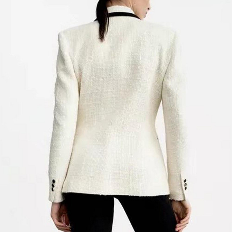 PB&ZA tavaszi őszi női duplasoros Tweed blézer szabadidő Sjoulder párnákkal Elegáns irodai női hosszú ujjú, rácsos felső